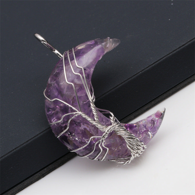 European And American Natural Crushed Stone Amethyst Tiger's Eye Moon Pendant