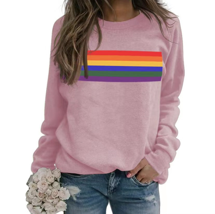 Color Striped Print Round Neck Pullover Long Sleeve Sweater