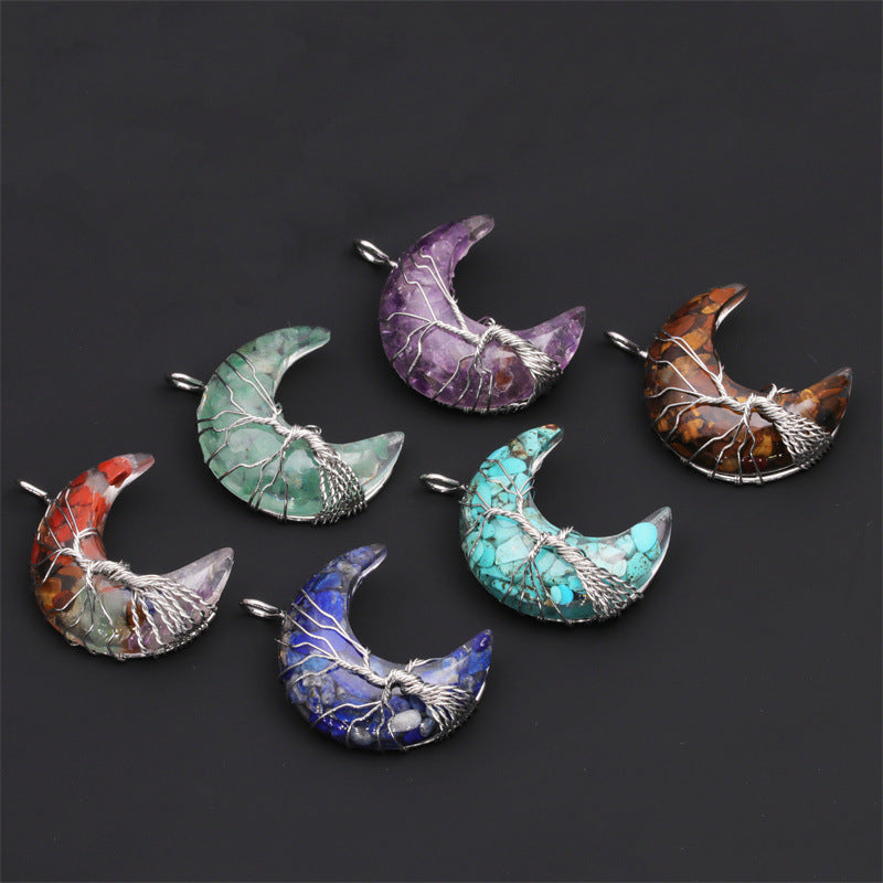 European And American Natural Crushed Stone Amethyst Tiger's Eye Moon Pendant