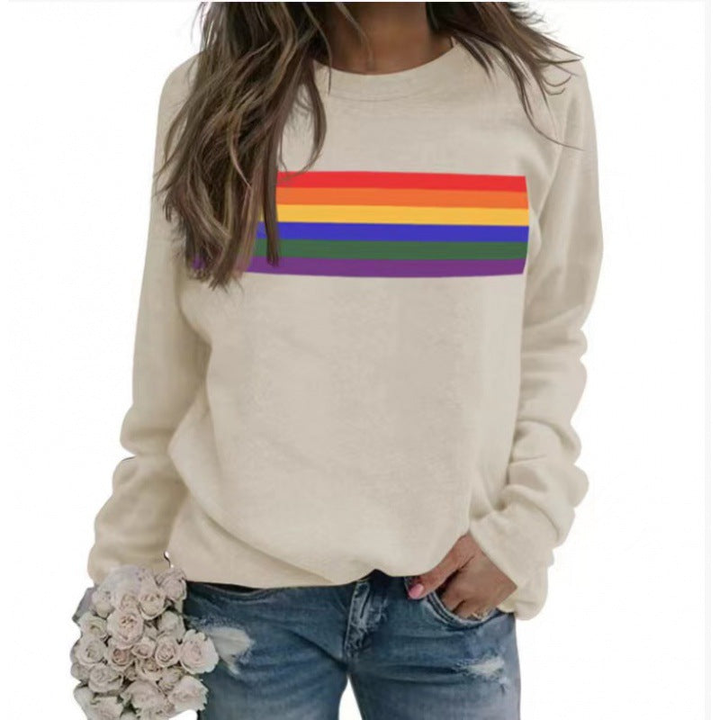 Color Striped Print Round Neck Pullover Long Sleeve Sweater